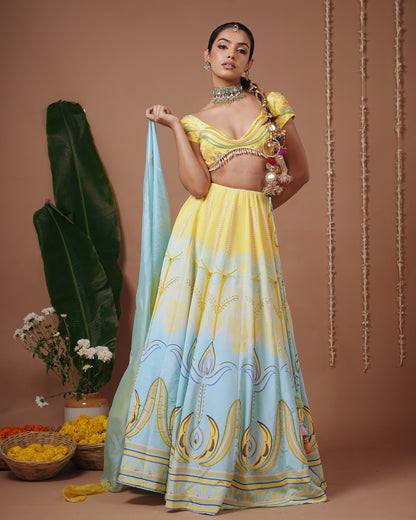 Yellow-Firozi Heavy Printed Lehenga Set (Set of 3)