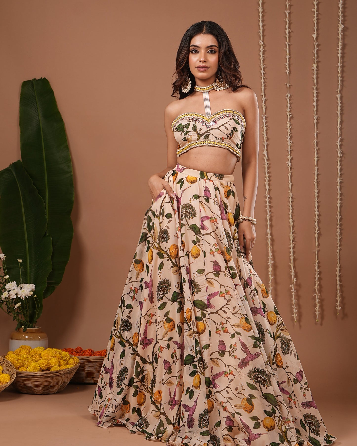 Cream Lemon Printed Indo Lehenga Set (Set of 2)