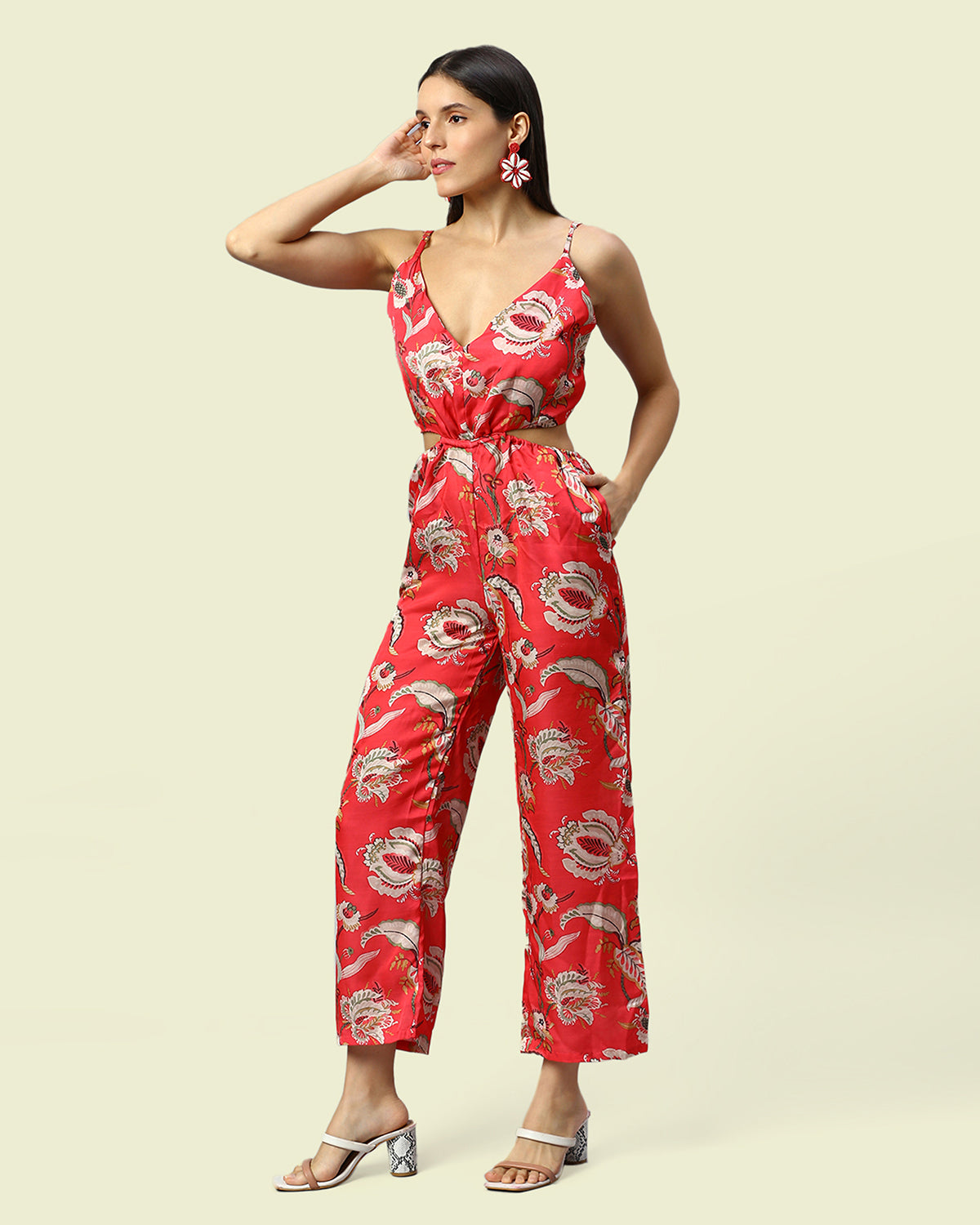 Linen Red Floral Cut-out Jumpsuit