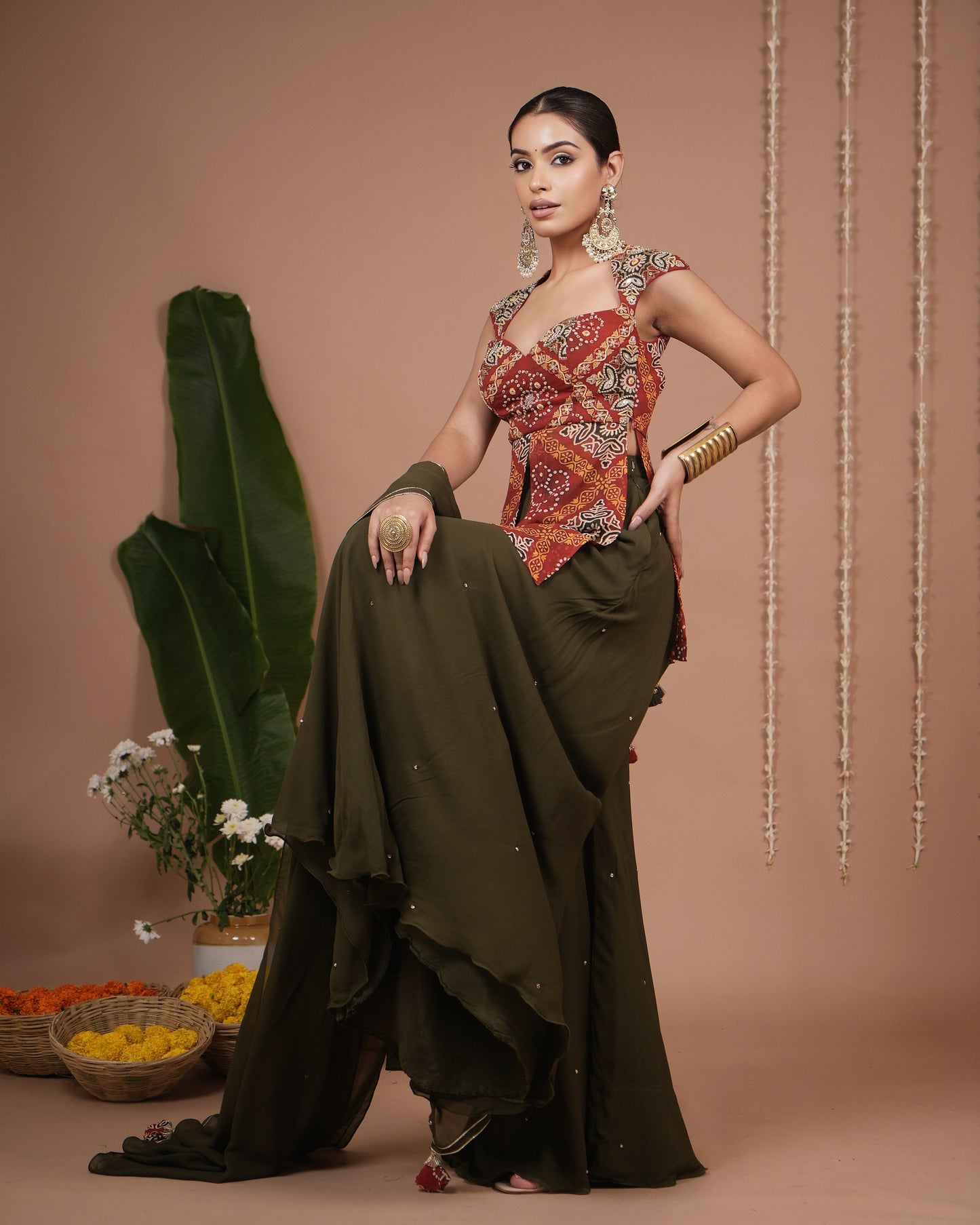 Red Bandhani Printed Kurti Palazzo Set (Set of 3)