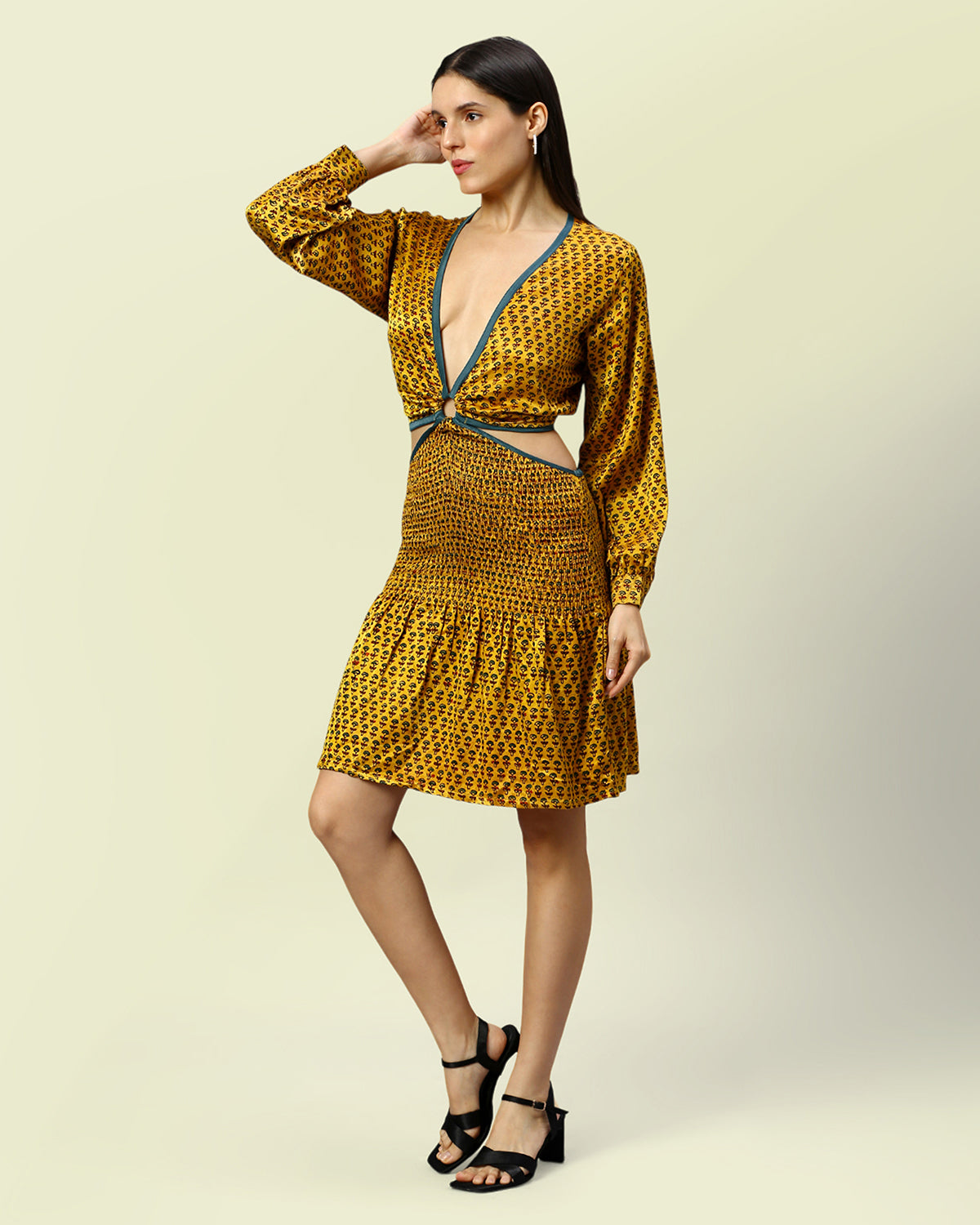 Yellow silk cut out short dress