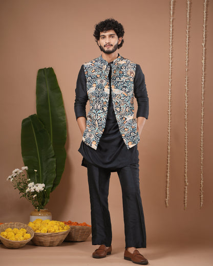 Navy Blue Digital Print Nehru Jacket + Kurta Pyjama Set (Set of 3)
