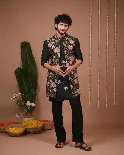 Olive Green Heavy Kurta + Sheer Jacket + Pant Set (Set of 3)