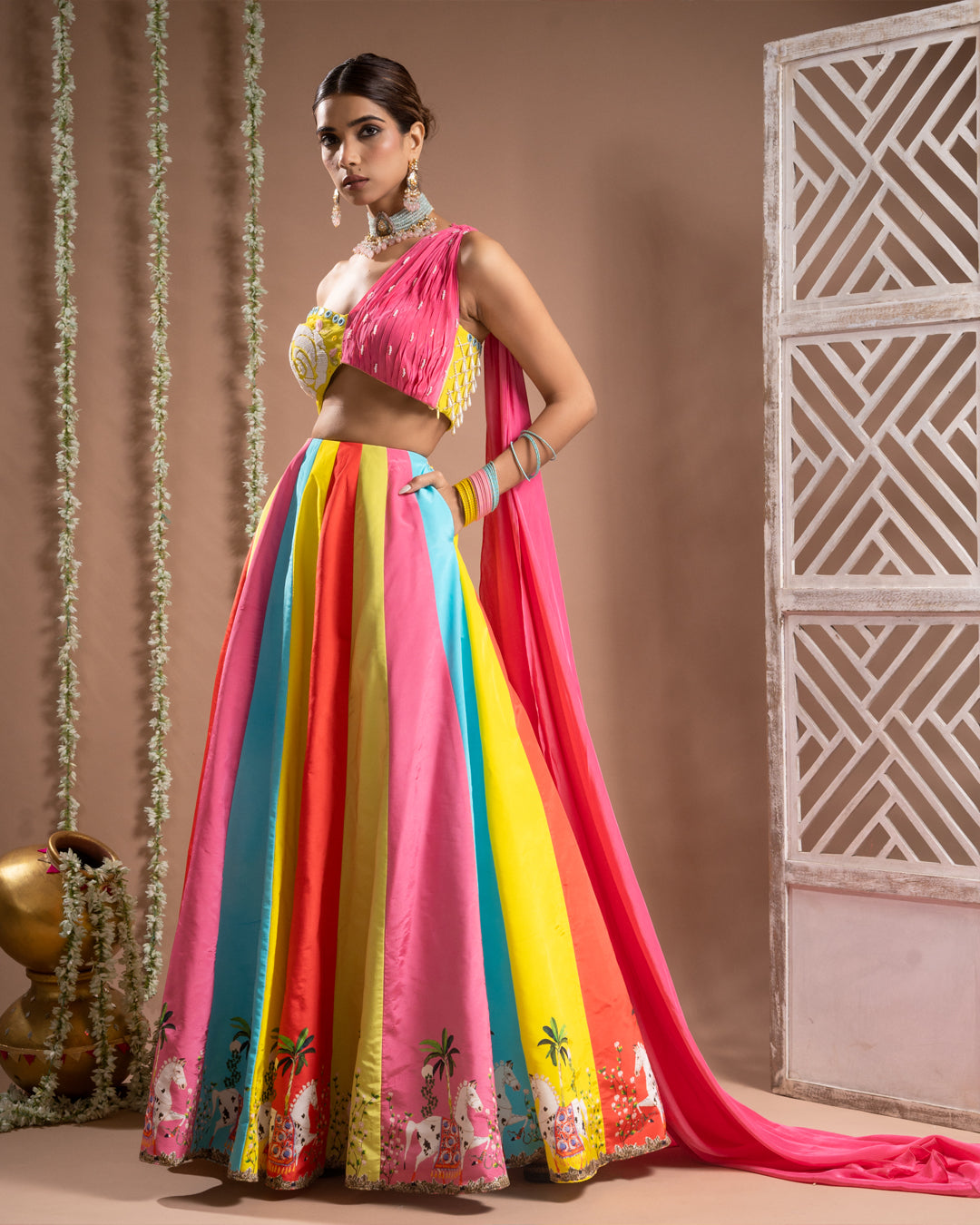 Horse Print One Shoulder Lehenga Set (Set of 2)