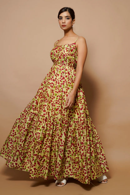 Yellow Block Printed Chanderi Maxi