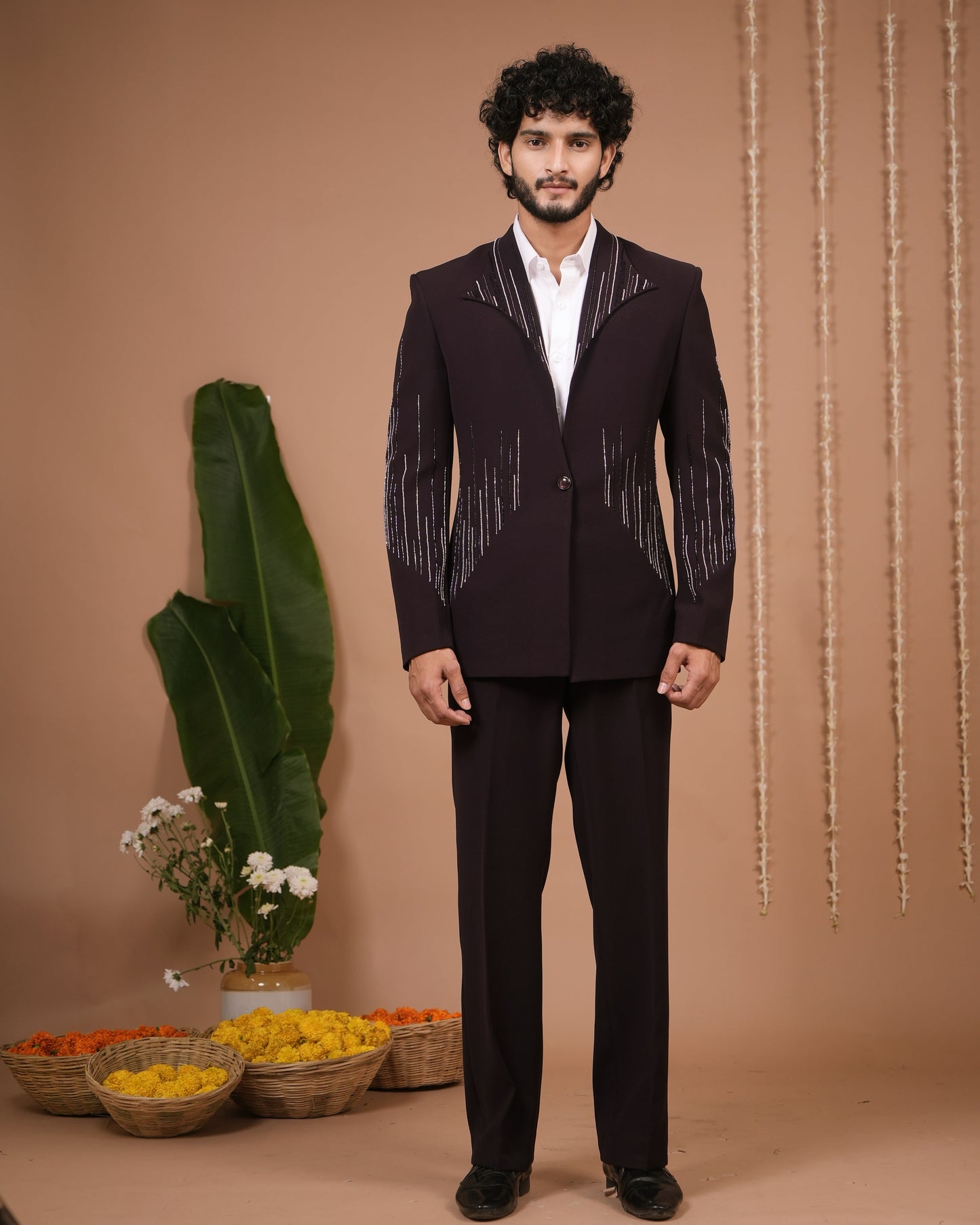 Dark Purple Coat And Pant Set (Set of 3)