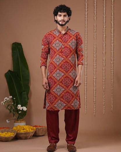 Red-Maroon Bandhani Kurta + Salwar Set (Set of 2)