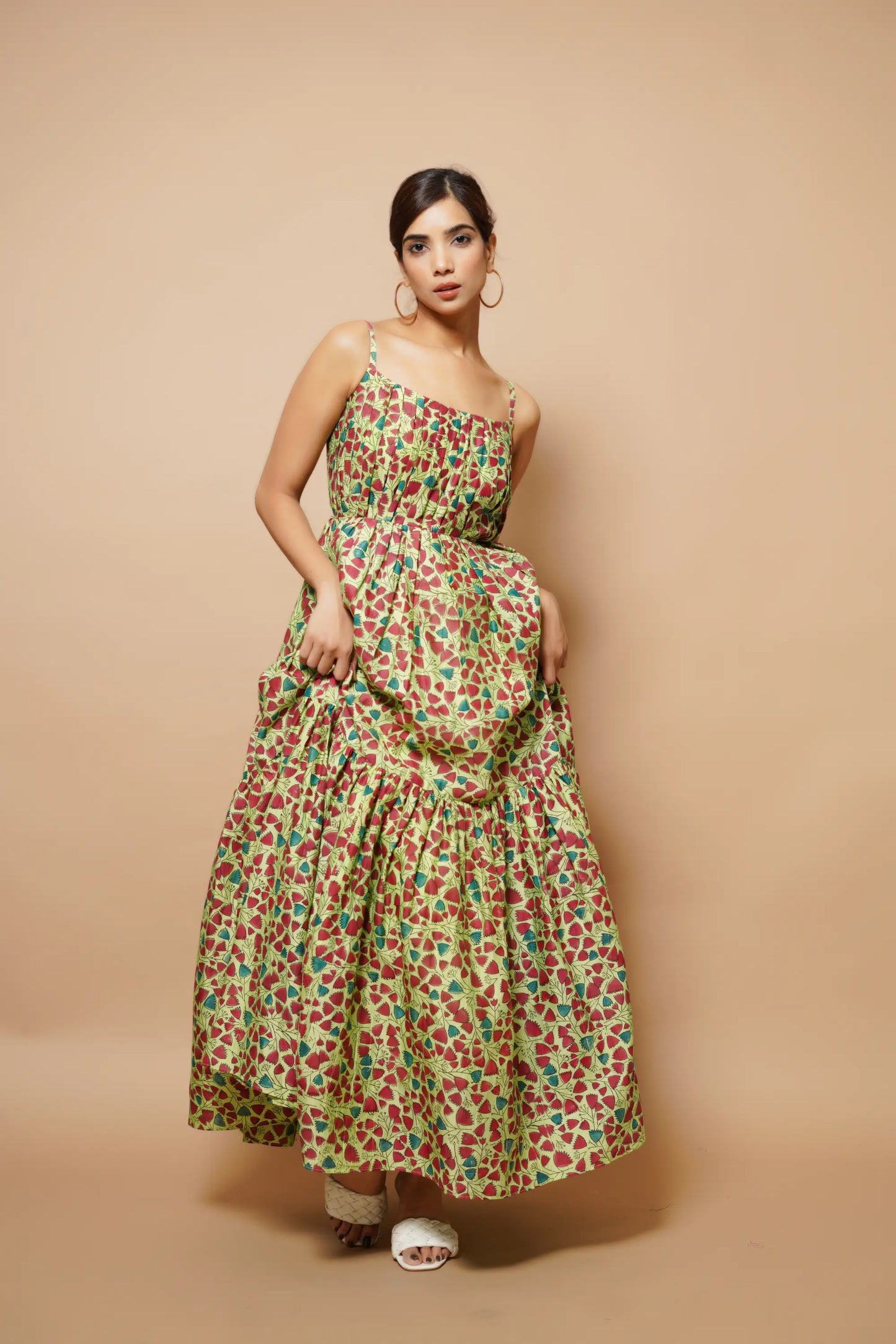 Green Block Printed Chanderi Maxi