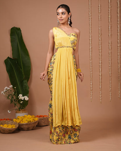 Yellow Printed Indo Saree (Set of 2)