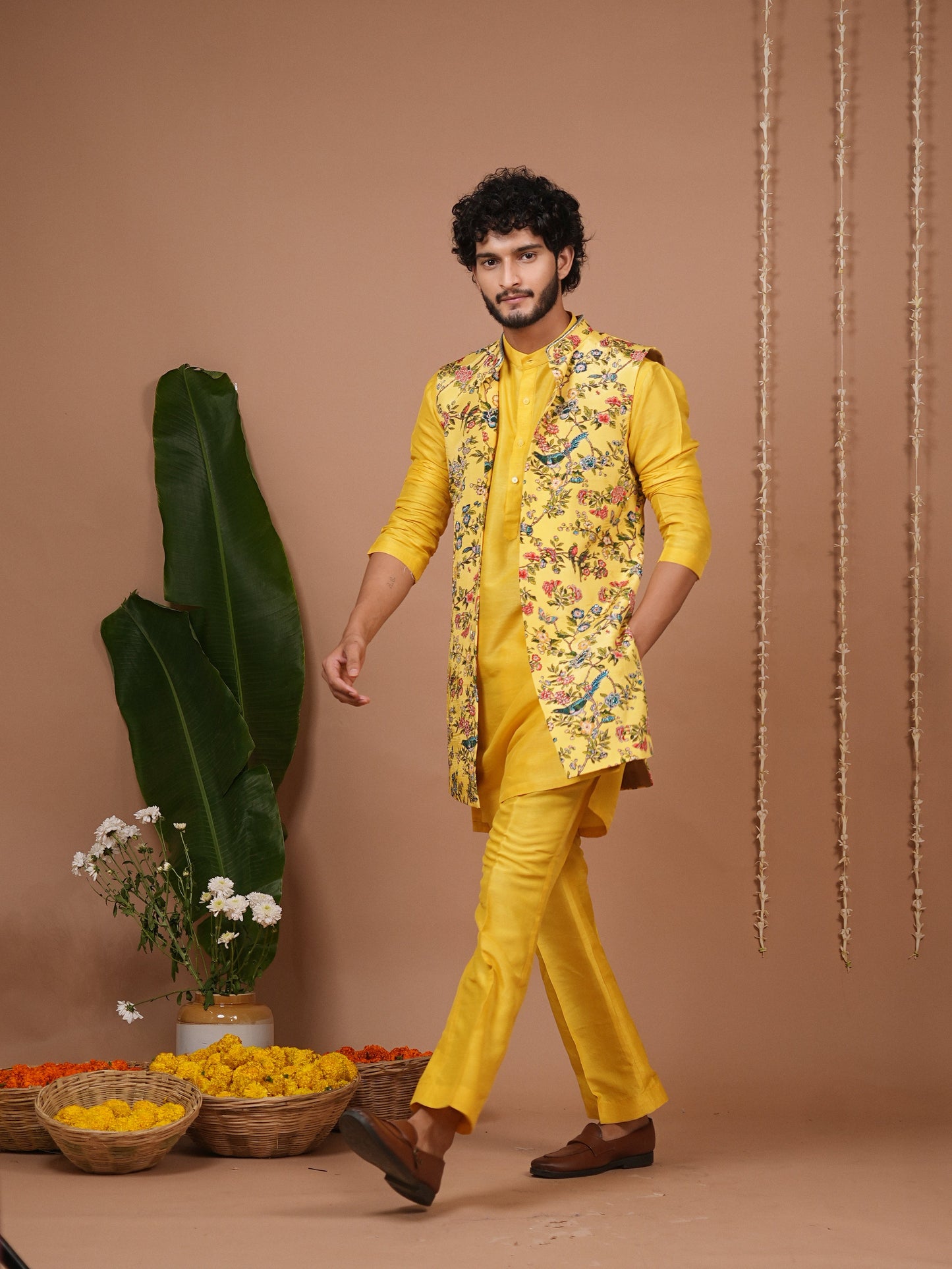 Yellow Printed Open Jacket+Kurta Pyjama Set (Set of 3)