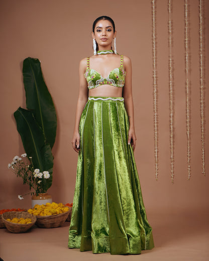Bright Green Velvet Indo Lehenga Set (Set of 3)