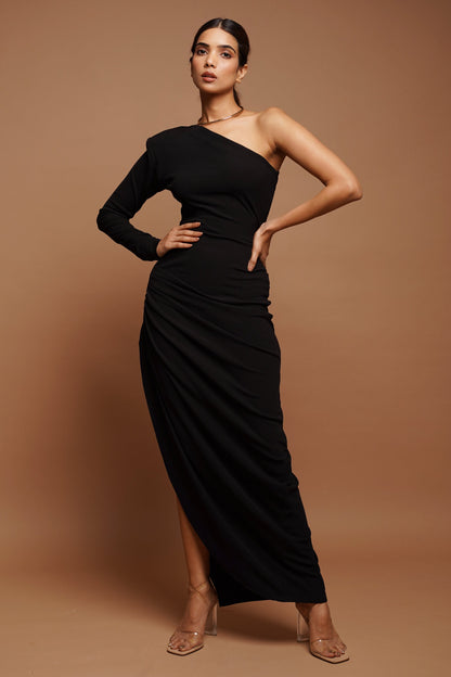Black One Shoulder Ribbed Dress