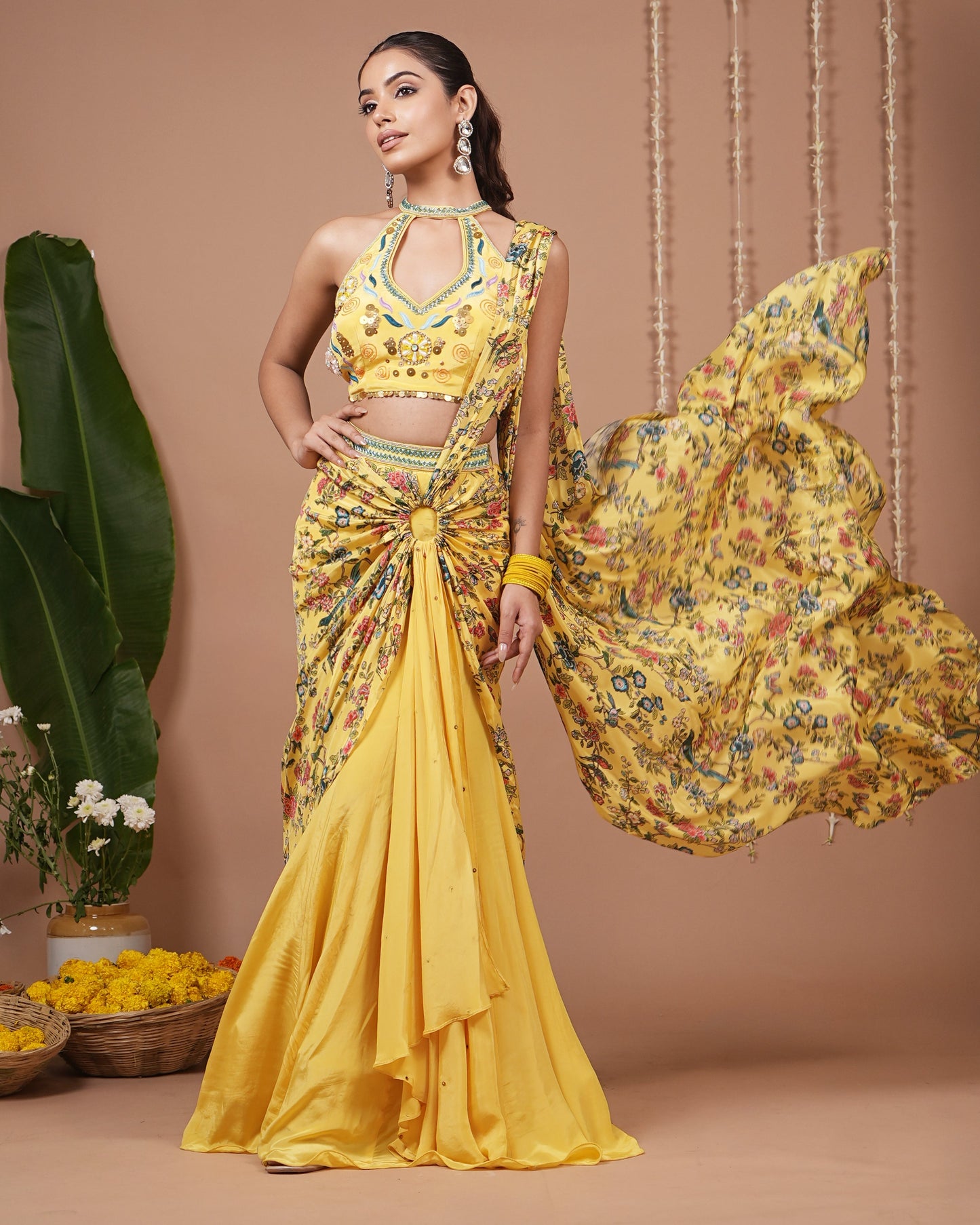 Bright Yellow Printed Halter Neck Indo Drape Set (Set of 2)