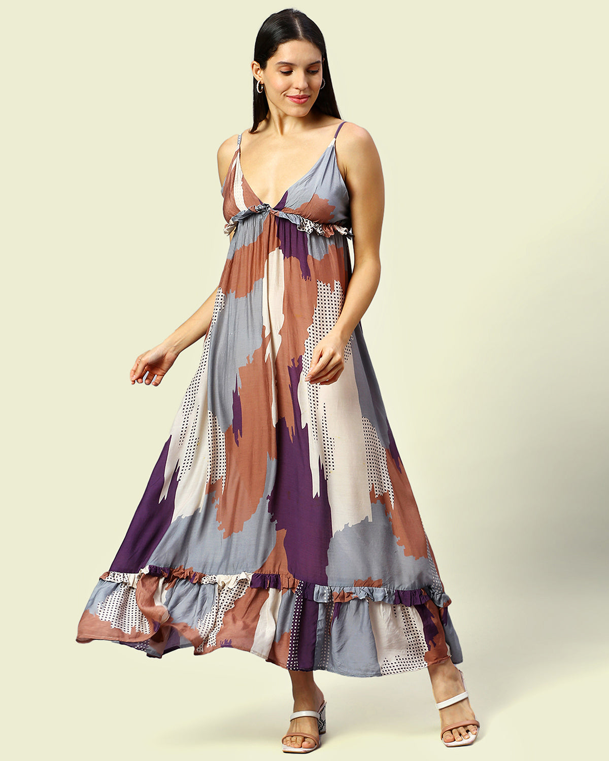 Abstract Long Ruffled Tiered Dress