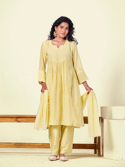 Yellow Pure Silk Mul 3-Piece Kurti Set