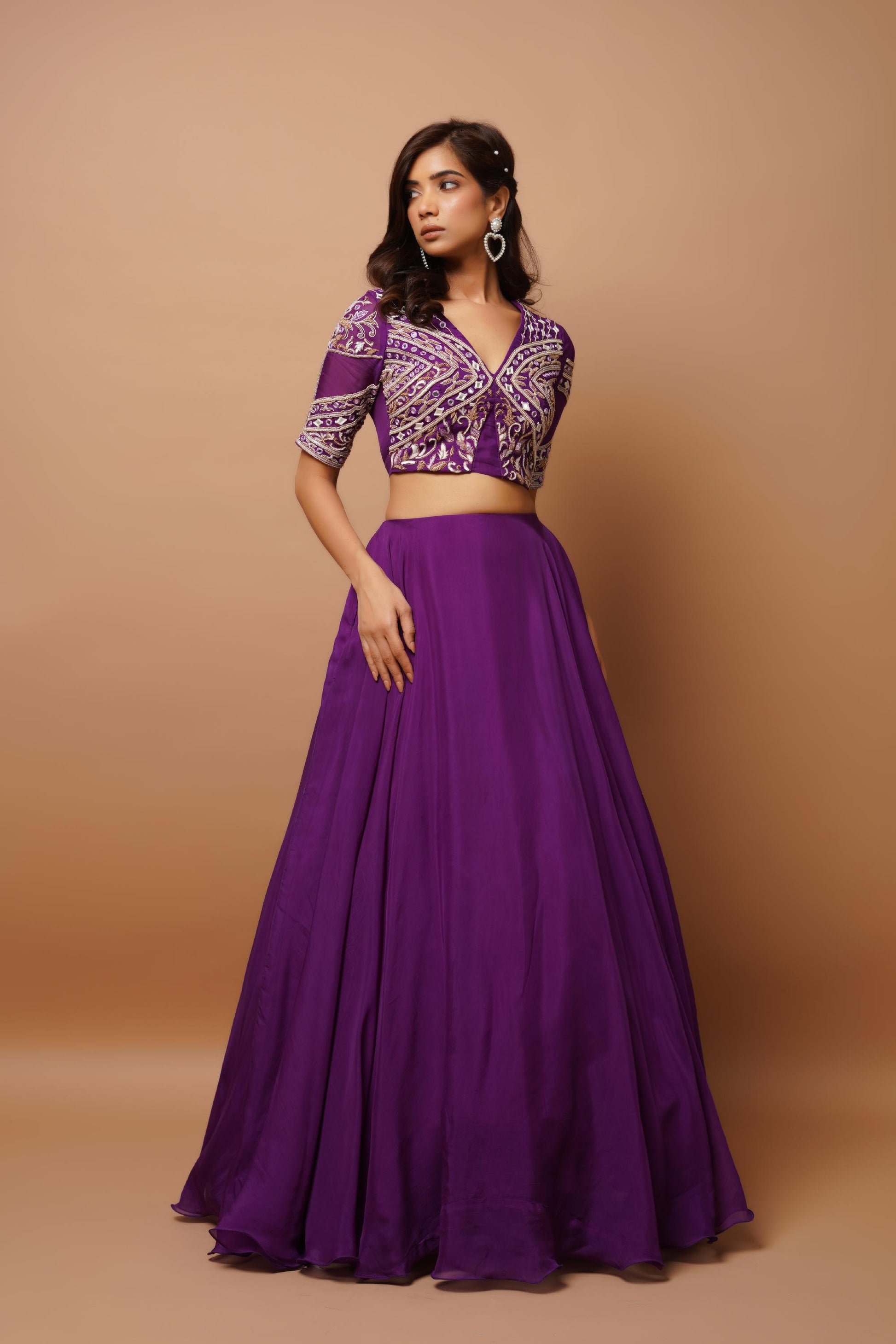 dark purple organza indo lehenga set Image3
