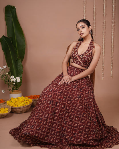 Maroon Halter Laple Neck Indo Lehenga Set (Set of 2)