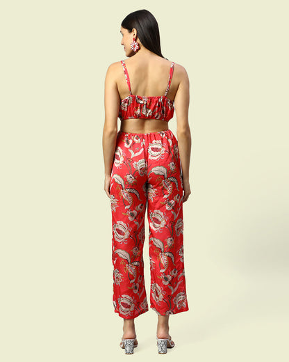 Linen Red Floral Cut-out Jumpsuit