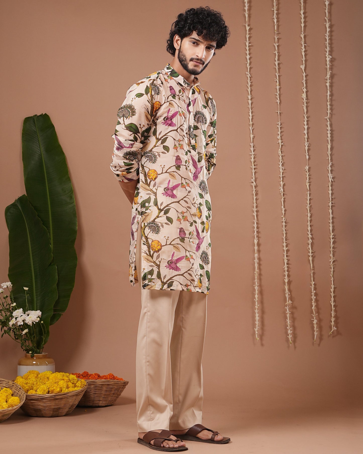Cream Lemon Printed Organza Kurta + Pant Set (Set of 2)