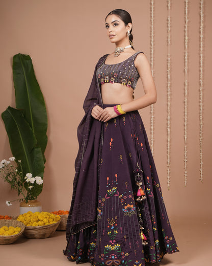 Dark Purple Printed Heavy Lehenga Set (Set of 3)