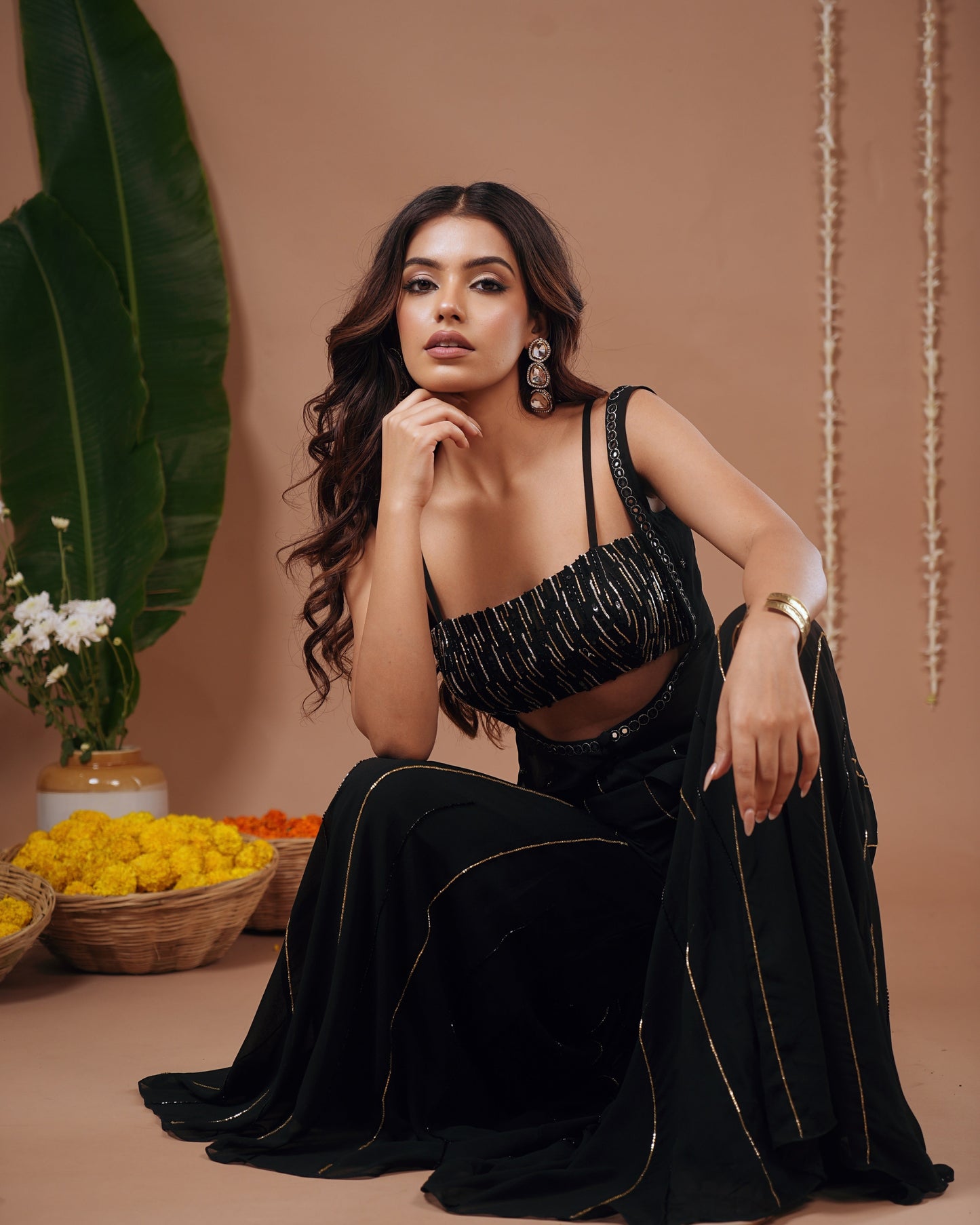 Black Georgette Heavy Indo Set (Set of 3)