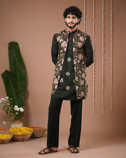 Olive Green Heavy Kurta + Sheer Jacket + Pant Set (Set of 3)