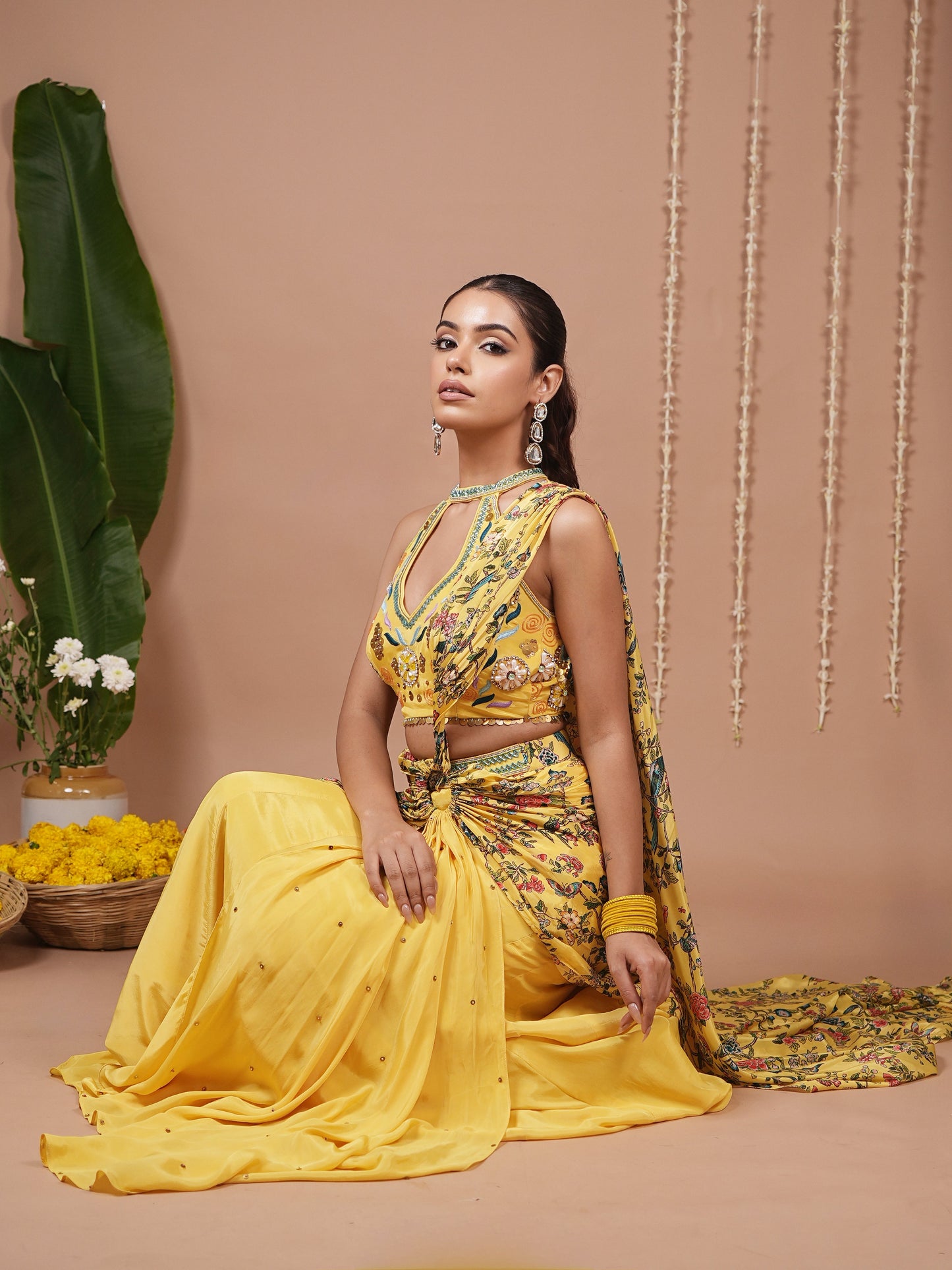 Bright Yellow Printed Halter Neck Indo Drape Set (Set of 2)