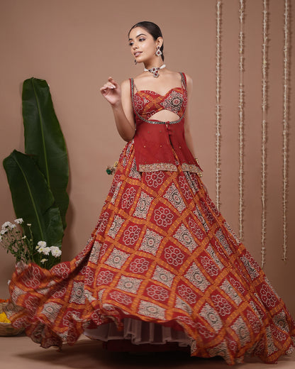 Red Bandhani Printed Lehenga Set (Set of 3)