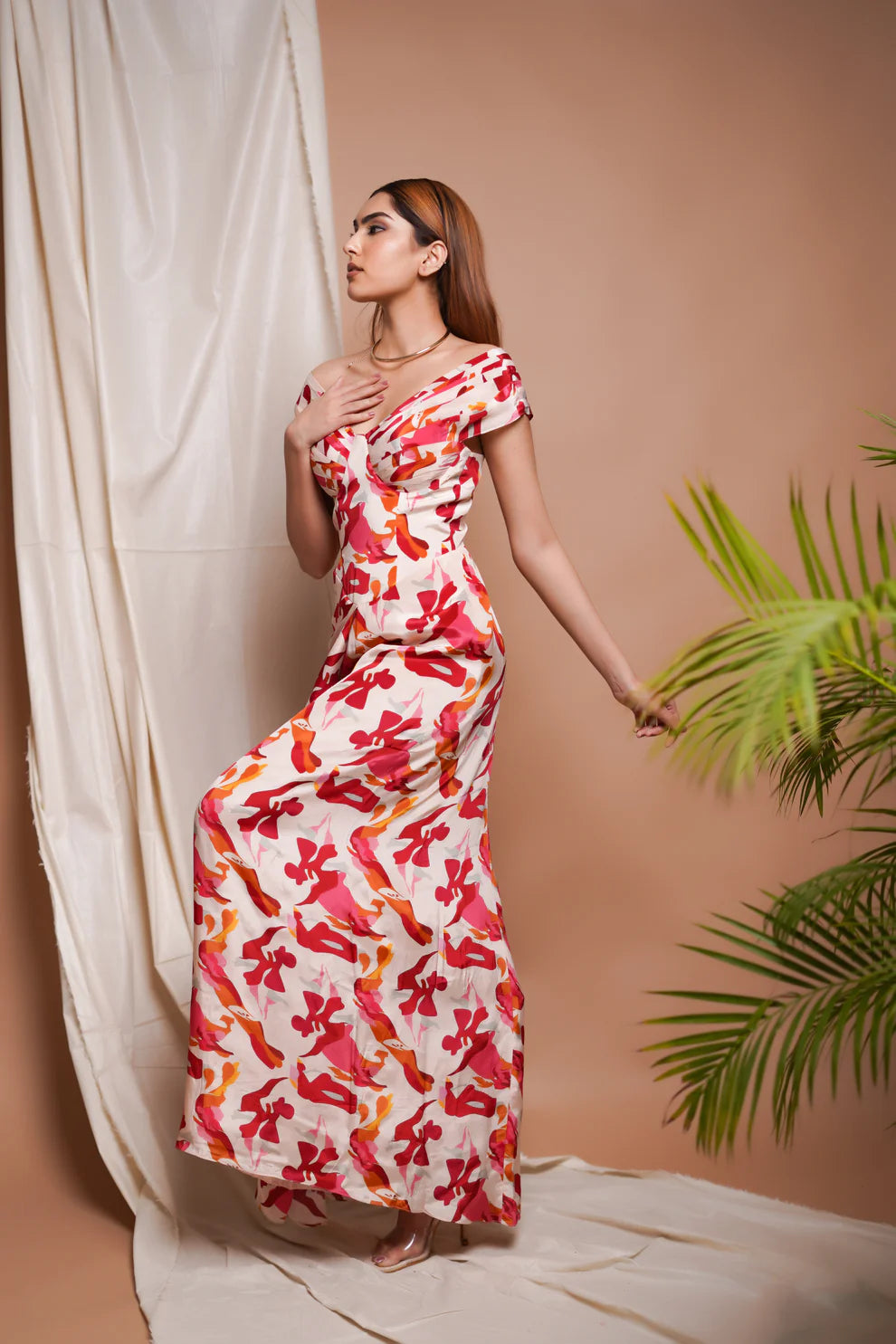 CREAM ABSTRACT OFF SHOULDER CORSET DRAPE DRESS