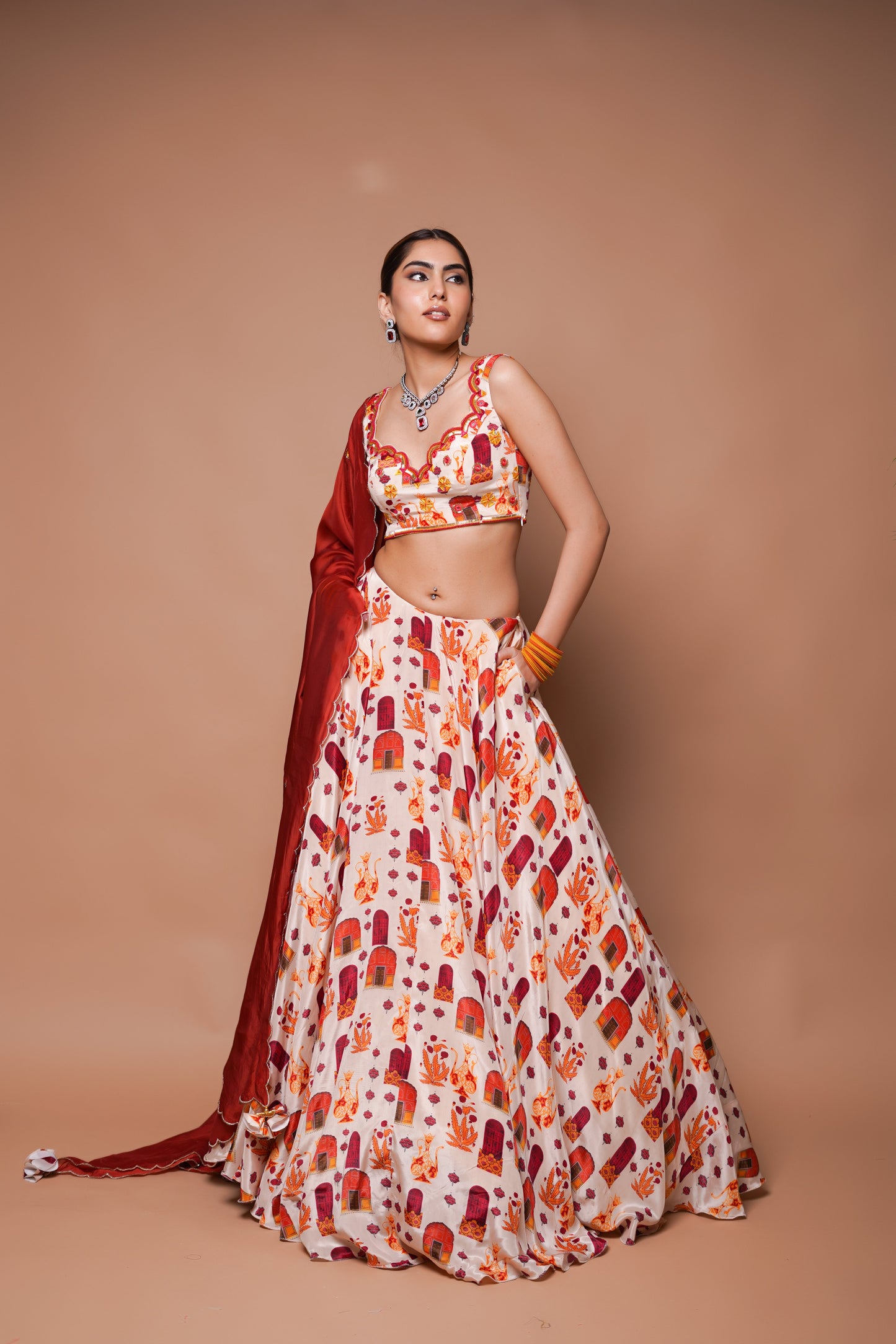 CREAM  DIGITAL PRINT LEHENGA SET (SET OF 3)