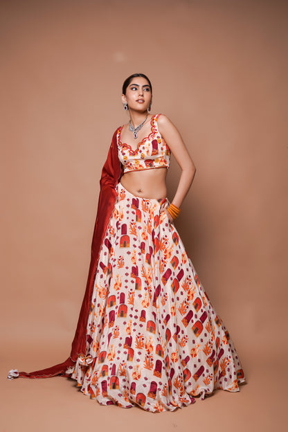 CREAM  DIGITAL PRINT LEHENGA SET (SET OF 3)