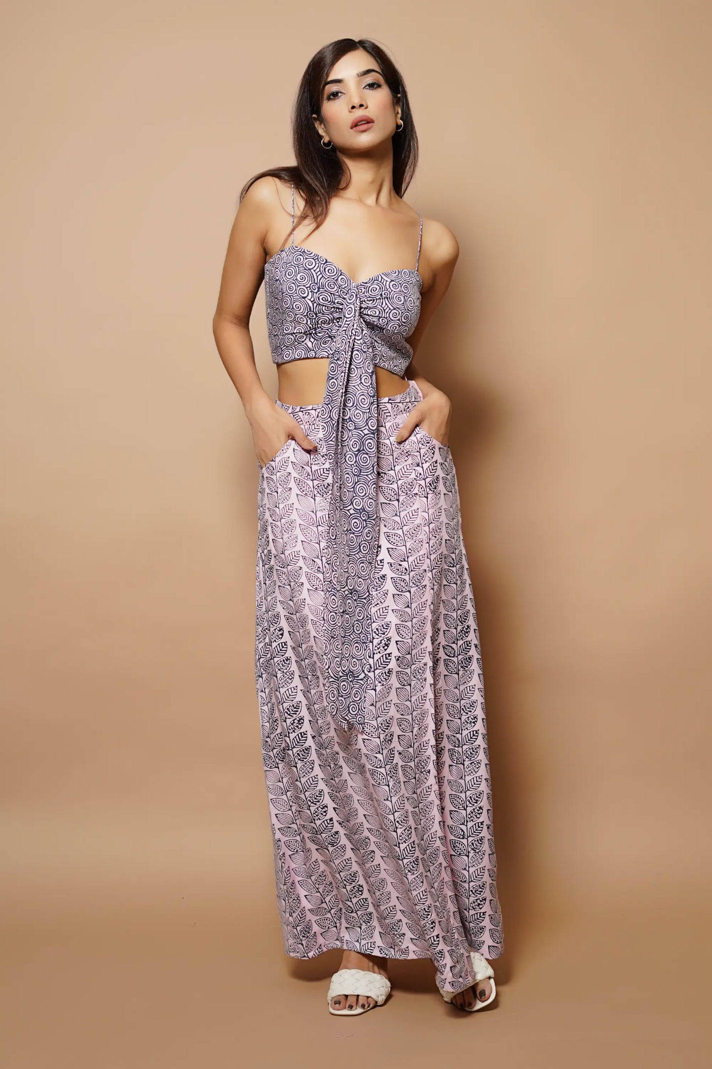 Pink and blue Block printed long skirt co-ord