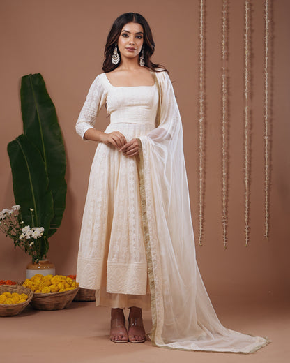  Ivory Chikankari Anarkali Suit Set (Set of 3)