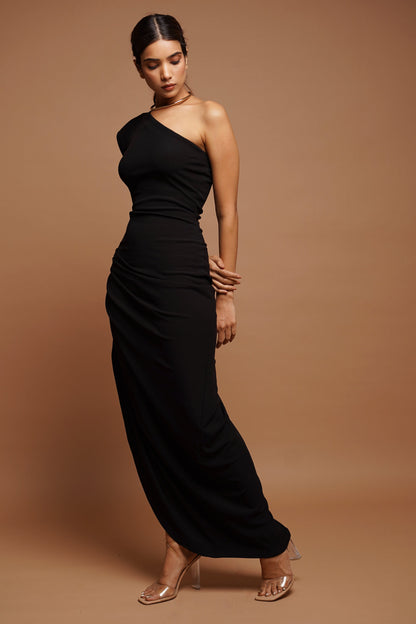 Black One Shoulder Ribbed Dress