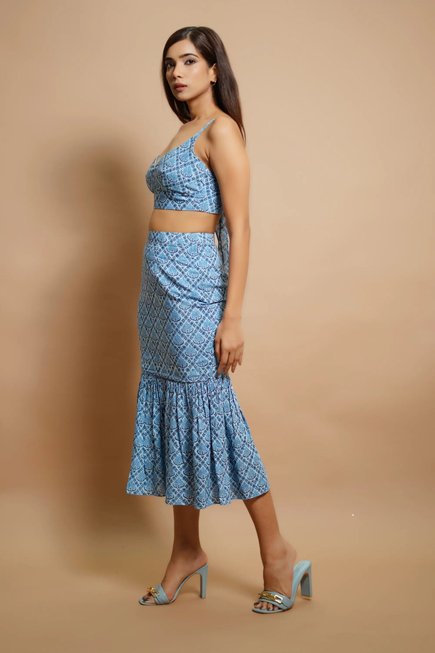 Blue block print fitted skirt co-ord