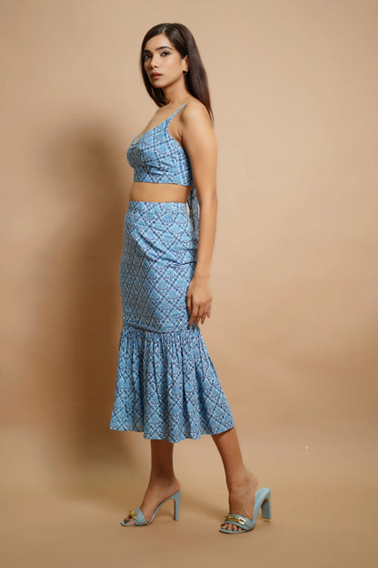 Blue block print fitted skirt co-ord
