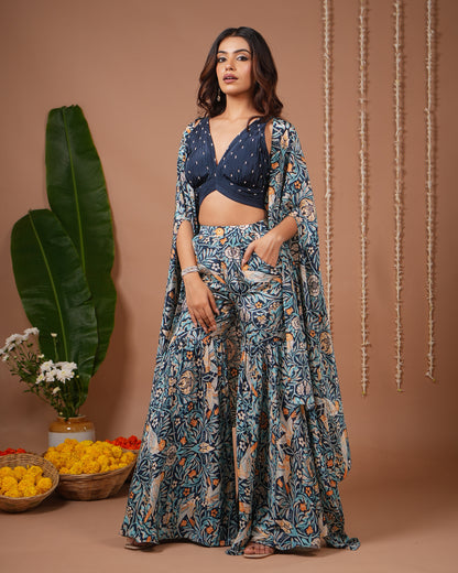 Navy Blue Digital Print Indo Sharara Set (Set of 3)