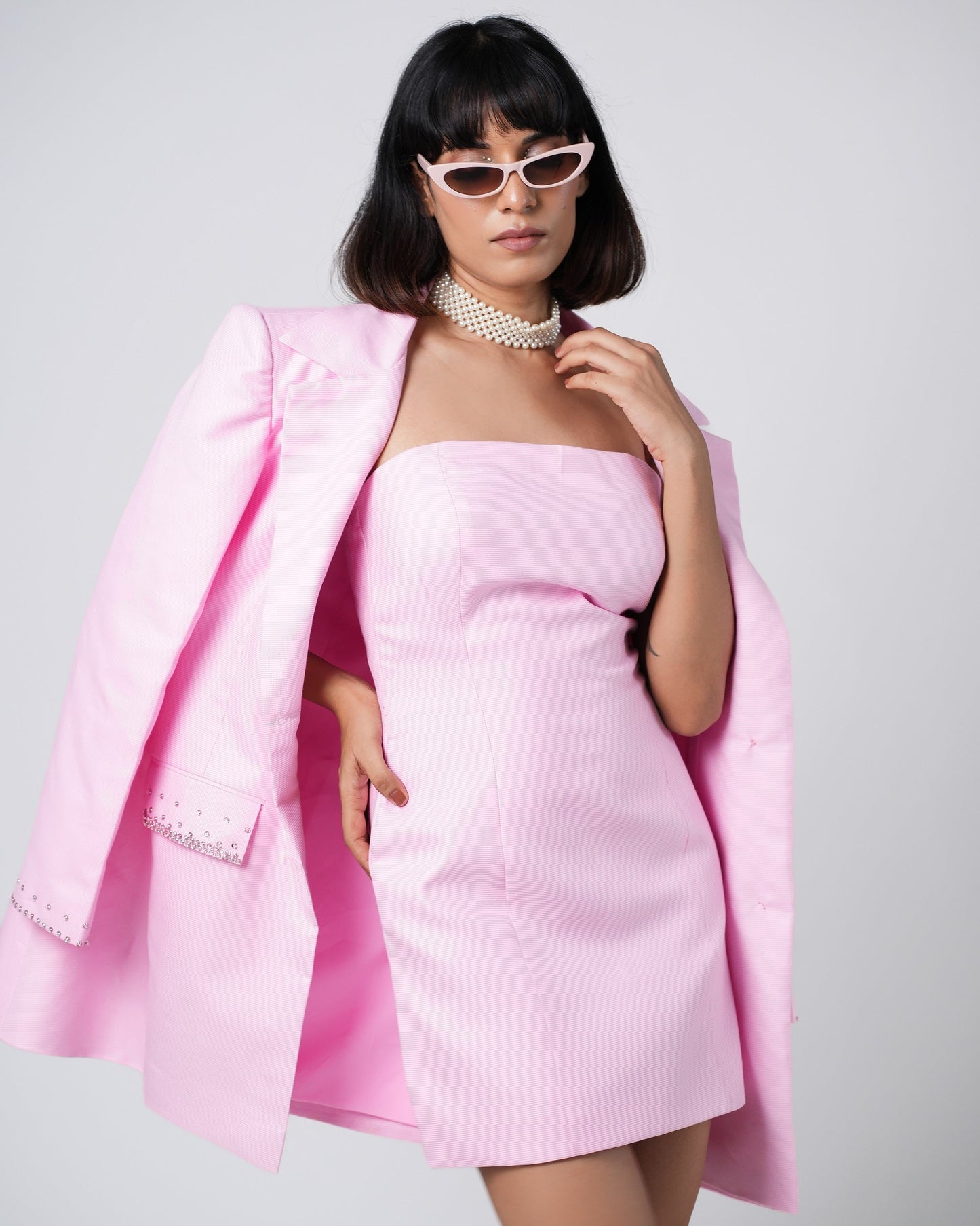 Merly - Gingham Mini Pink Oversized Coat and Bandeau Dress Set ( Set of 2 )