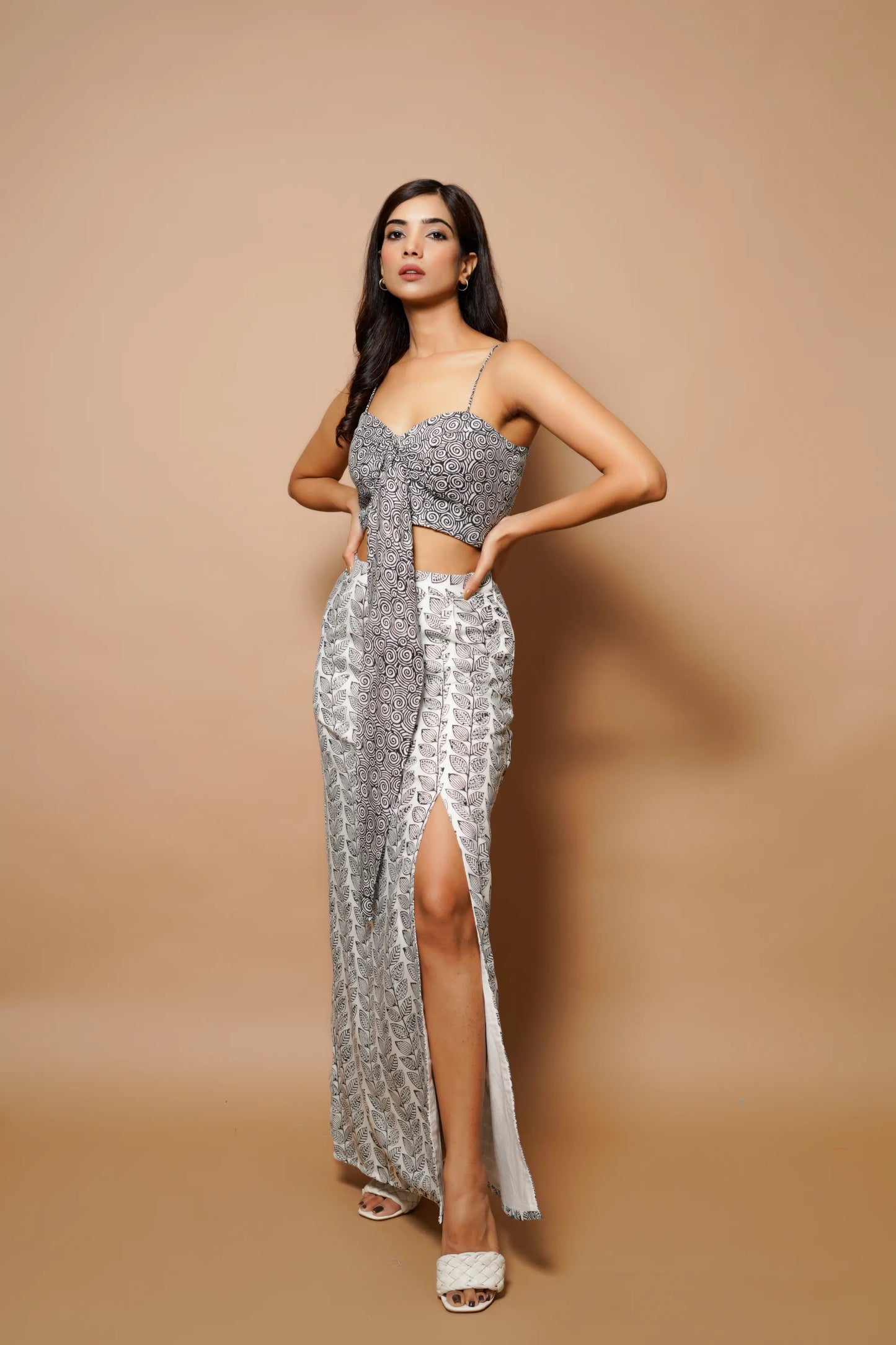 Black and white Block printed long skirt co-ord