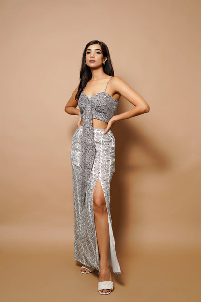 Black and white Block printed long skirt co-ord