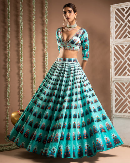 Blue Ombre Digital Print Indo-Lehenga Set (Set of 2)