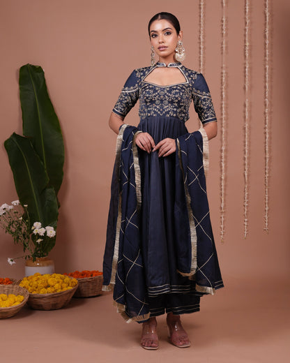 Navy Blue Silk Satin Heavy Anarkali Suit Set (Set of 3)