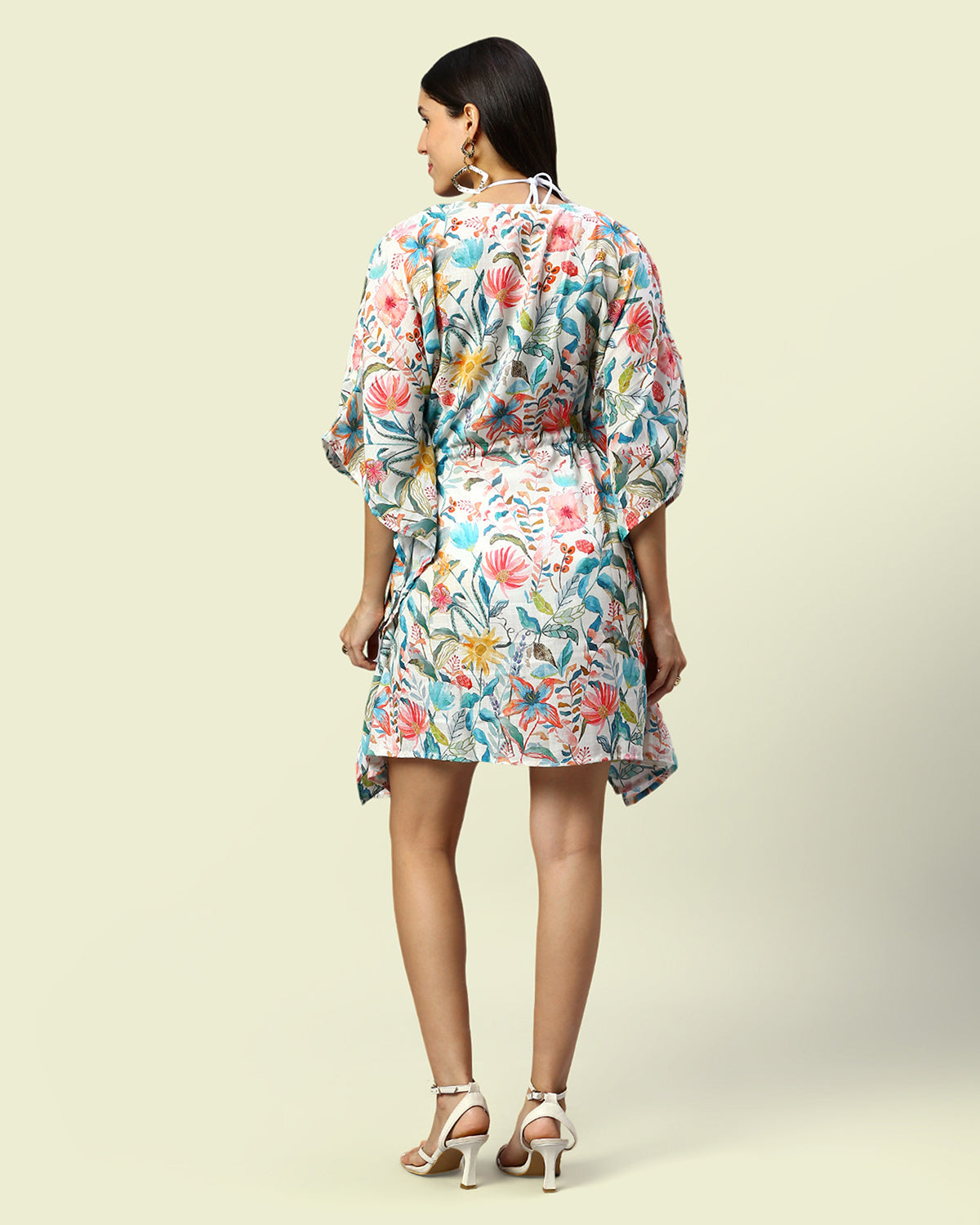 Linen Floral Short Kaftan Dress