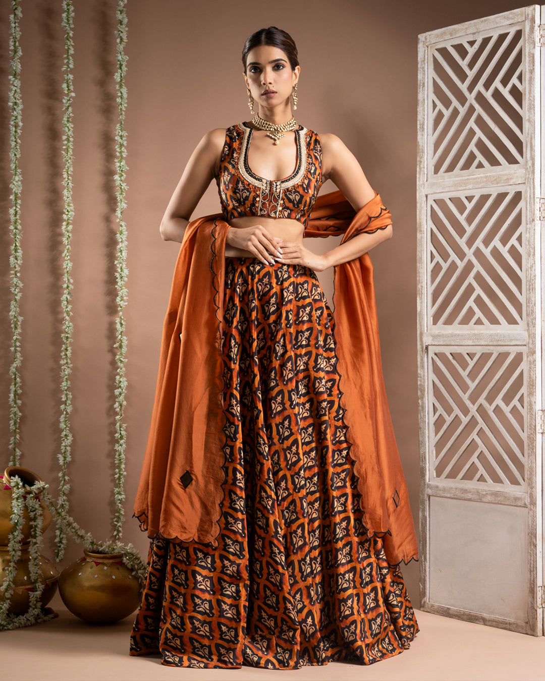 Black Rust Printed Lehenga Set (Set of 3)