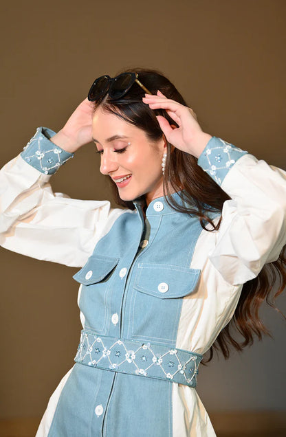 Blue & White Embroidered Shirt Dress