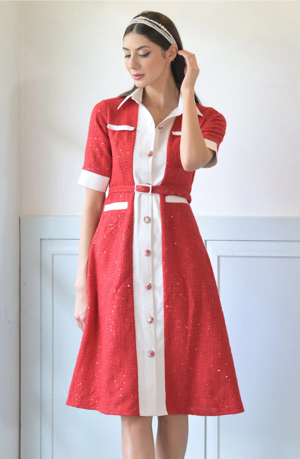 Red Tweed Shirt Dress