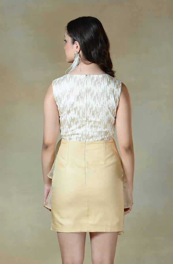 White & Golden Embroidered Frill Dress