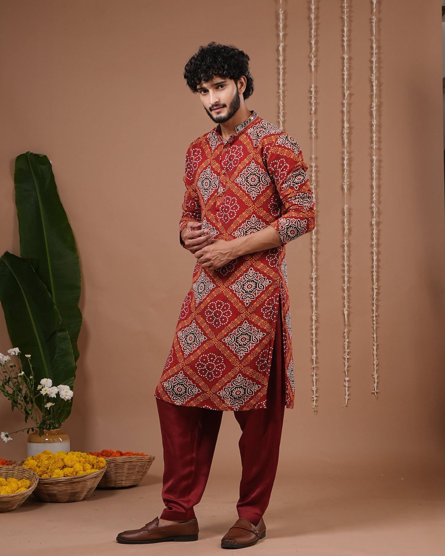 Red-Maroon Bandhani Kurta + Salwar Set (Set of 2)