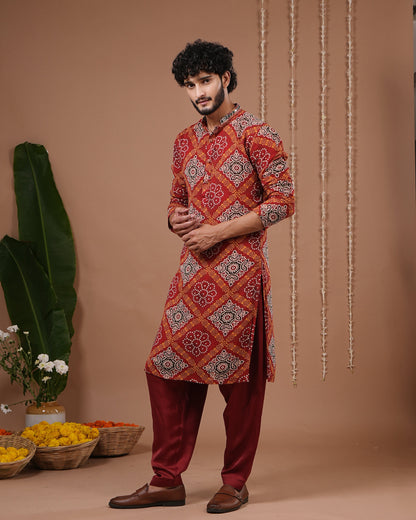 Red-Maroon Bandhani Kurta + Salwar Set (Set of 2)
