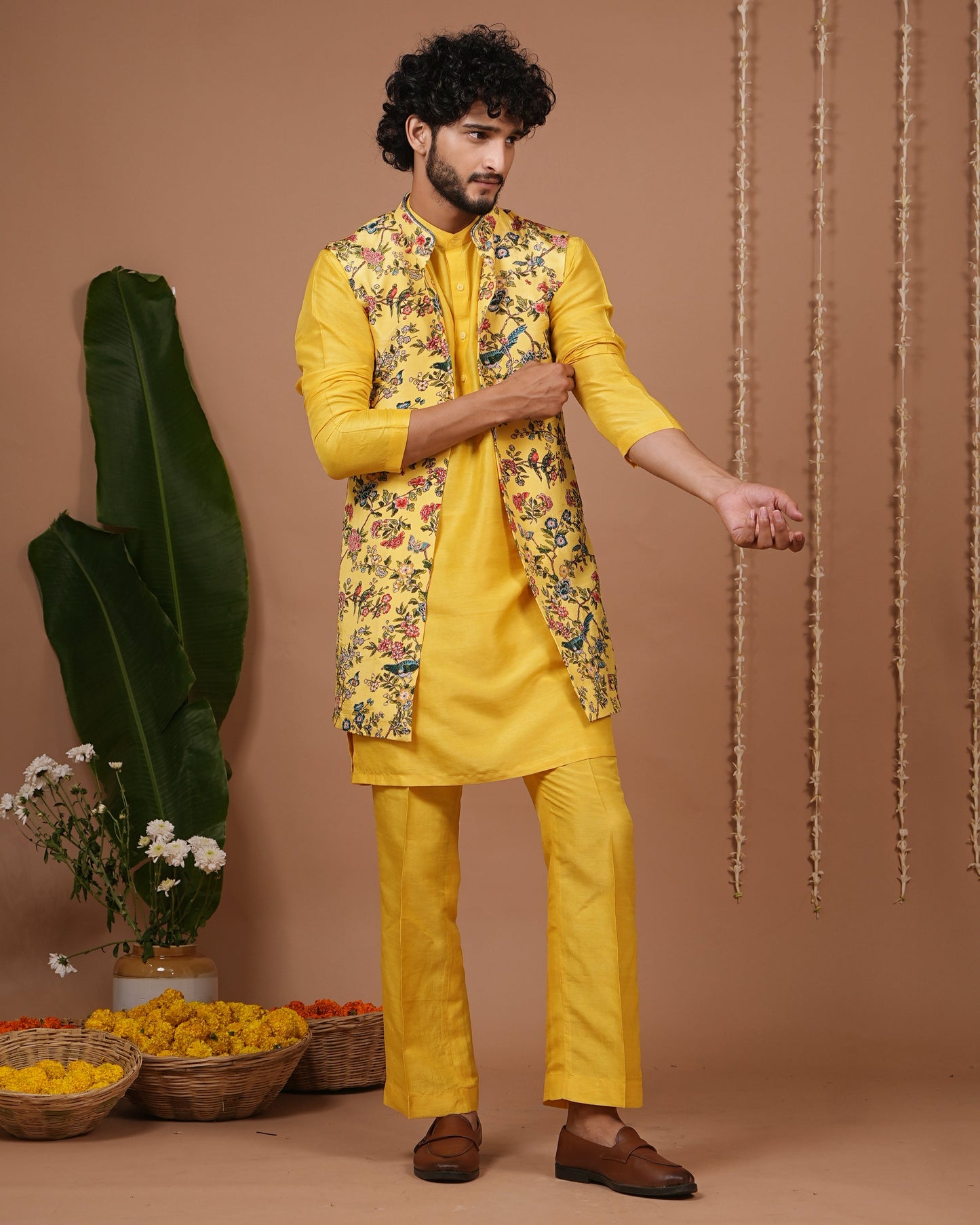 Yellow Printed Open Jacket+Kurta Pyjama Set (Set of 3)